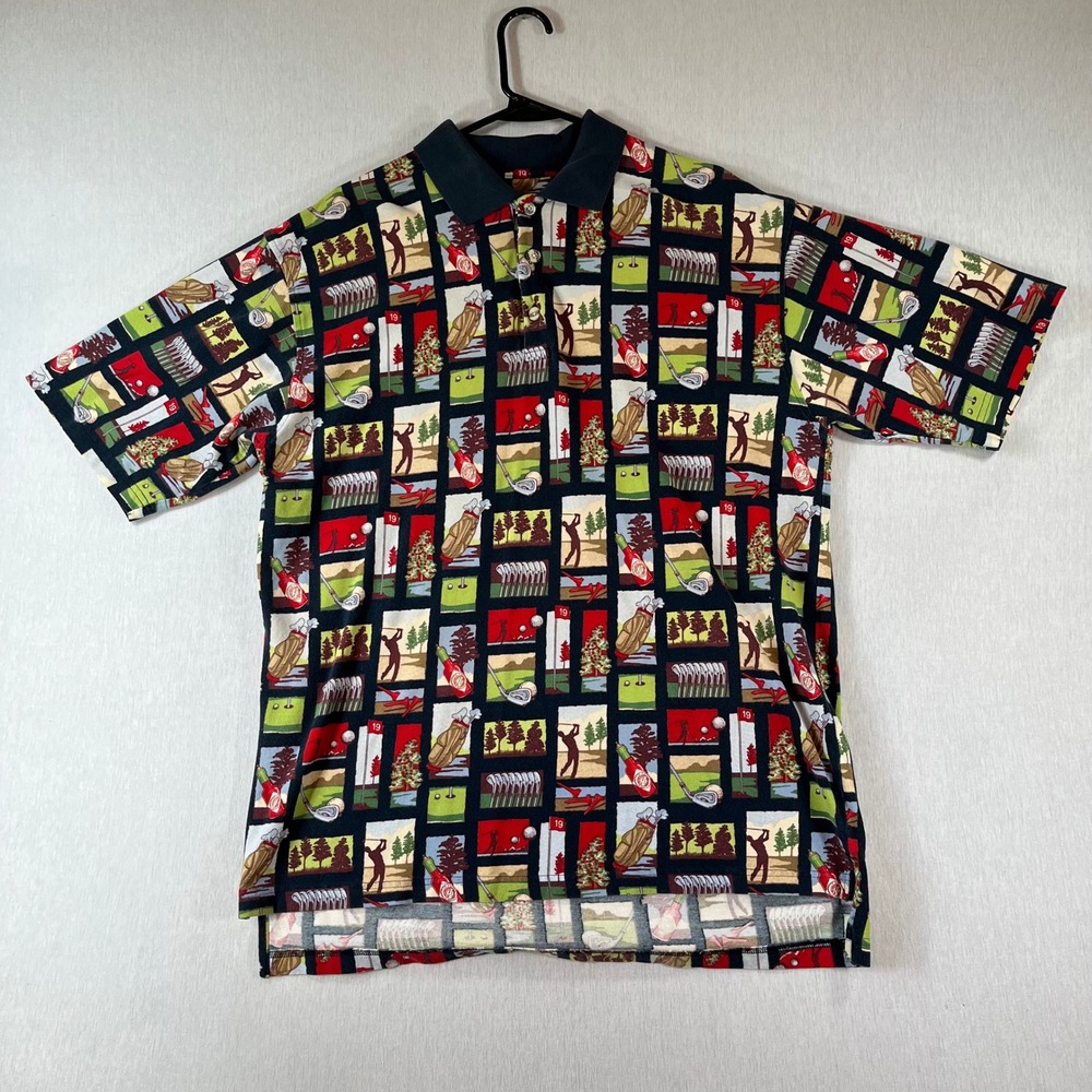 Vintage Tabasco Polo Mens L Golf Print Shirt Cotton Short Sleeve 1990s Novelty